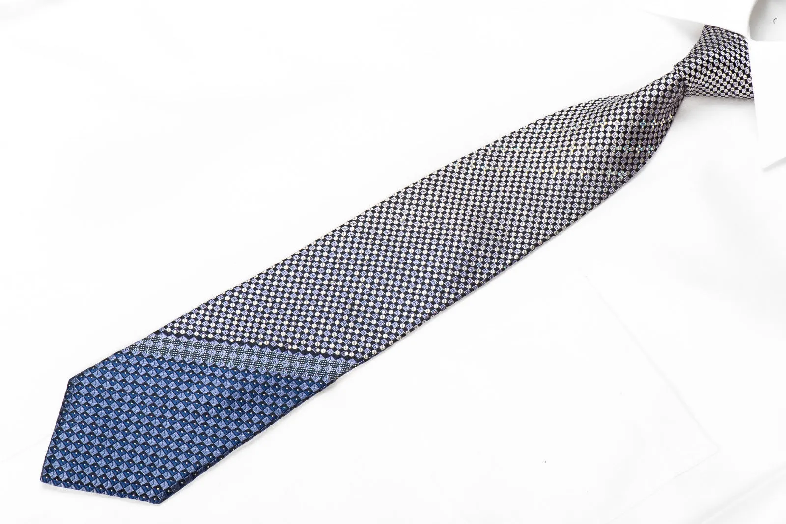 Roygen Men's Silk Necktie Silver Blue Checkered With Sparkles