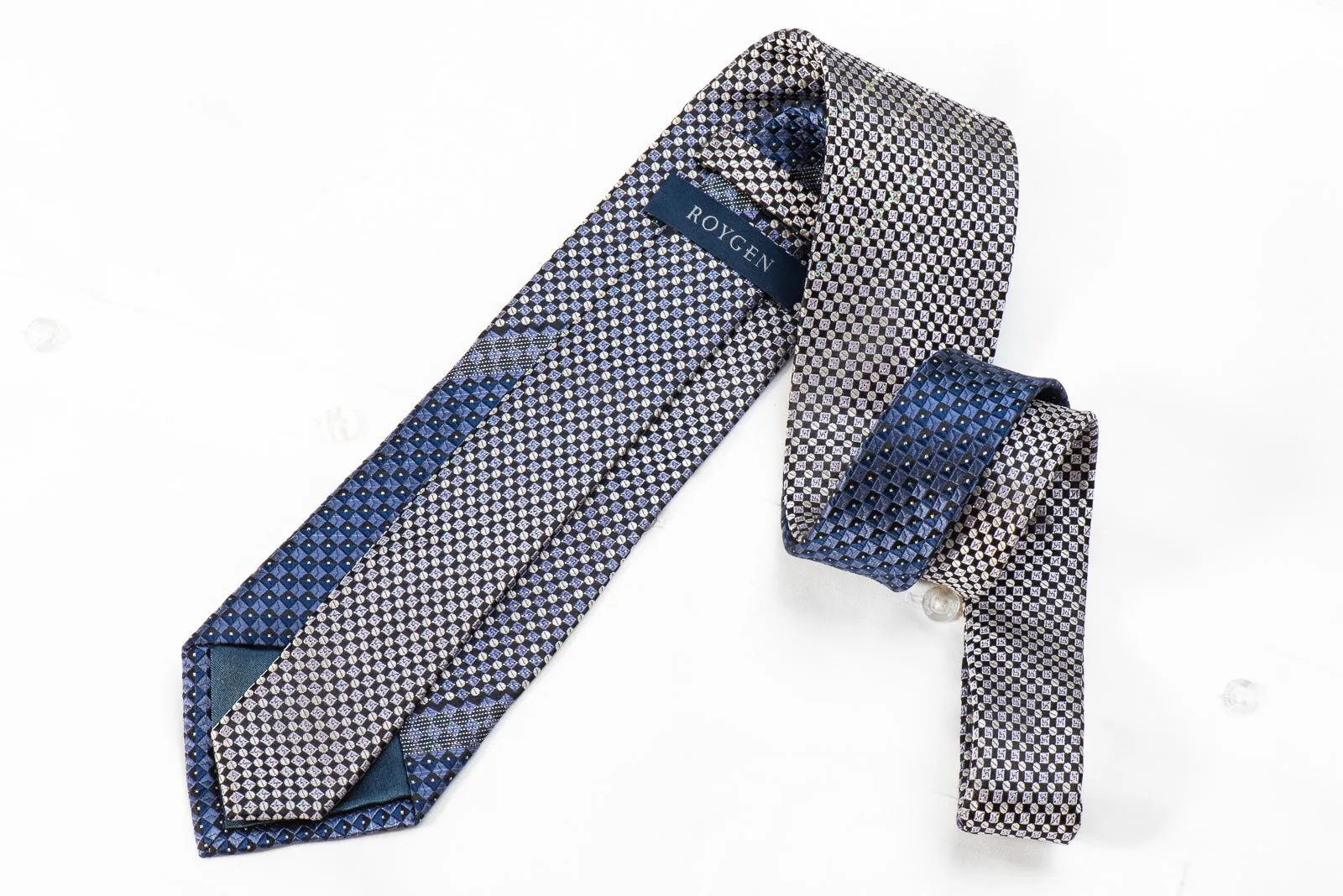 Roygen Men's Silk Necktie Silver Blue Checkered With Sparkles