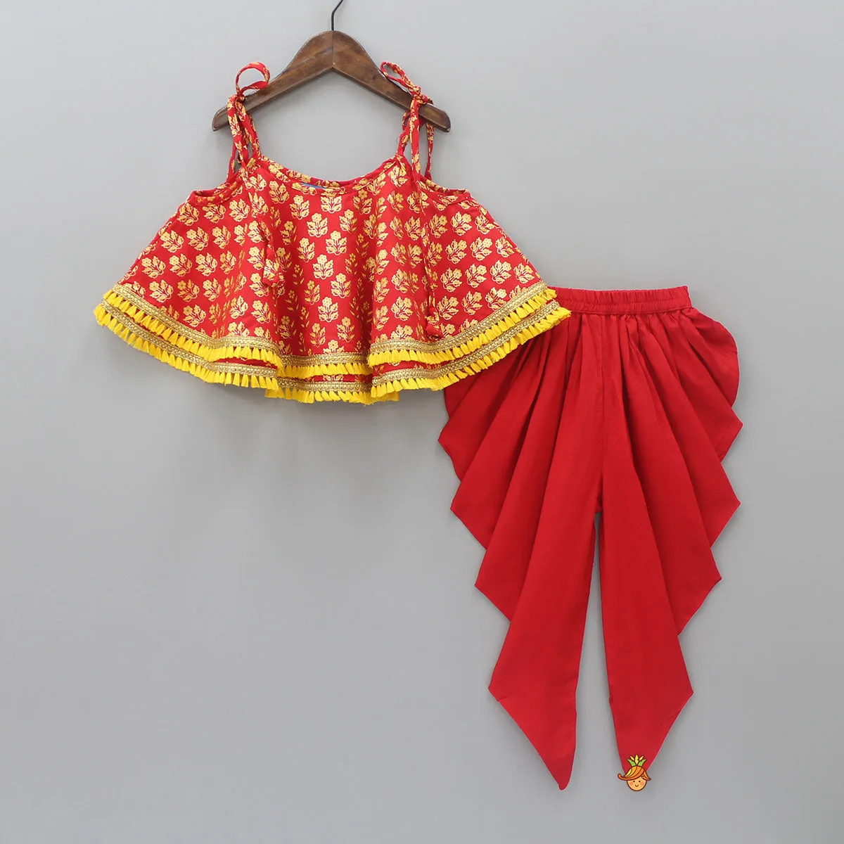 Scarlet Red Foil And Floral Printed Lace Work Top And Dhoti With Matching Sling Bag