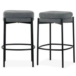 Set of 2 Avril Gray Boucle Backless Counter Stool with Black Metal Legs