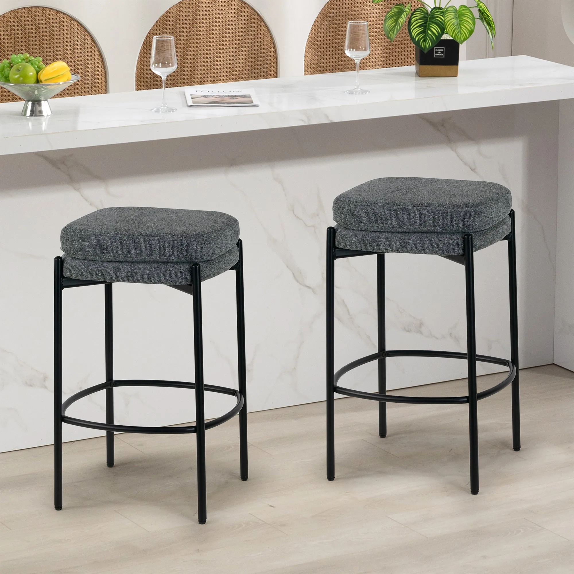 Set of 2 Avril Gray Boucle Backless Counter Stool with Black Metal Legs