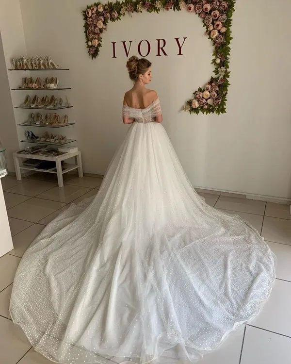 Shiny Off The Shoulder Ivory Wedding Dresses Long Prom Dress