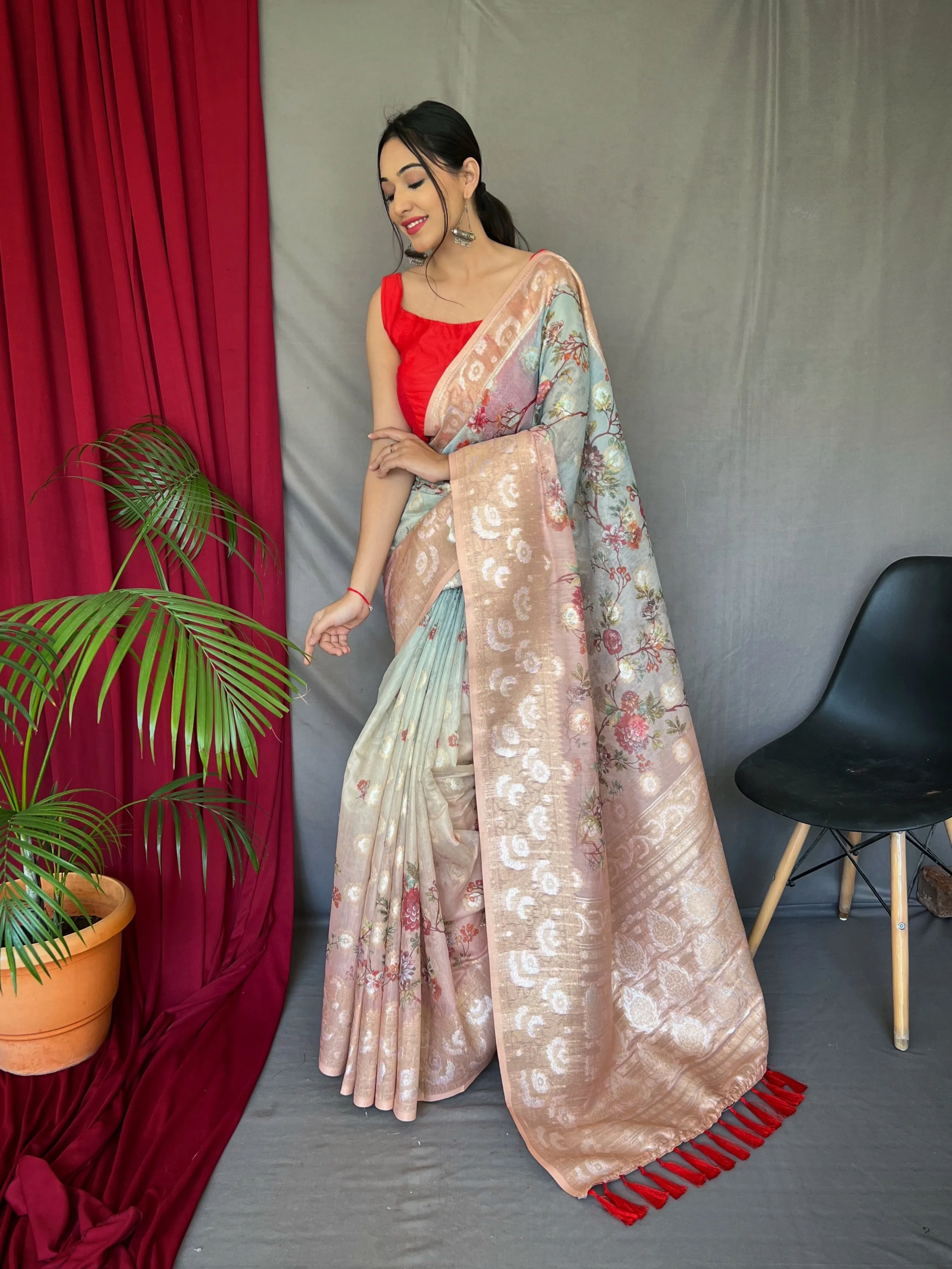 Sky Blue with Dusty Pink Banarasi Silk Dual Tone Floral Printed Woven Saree