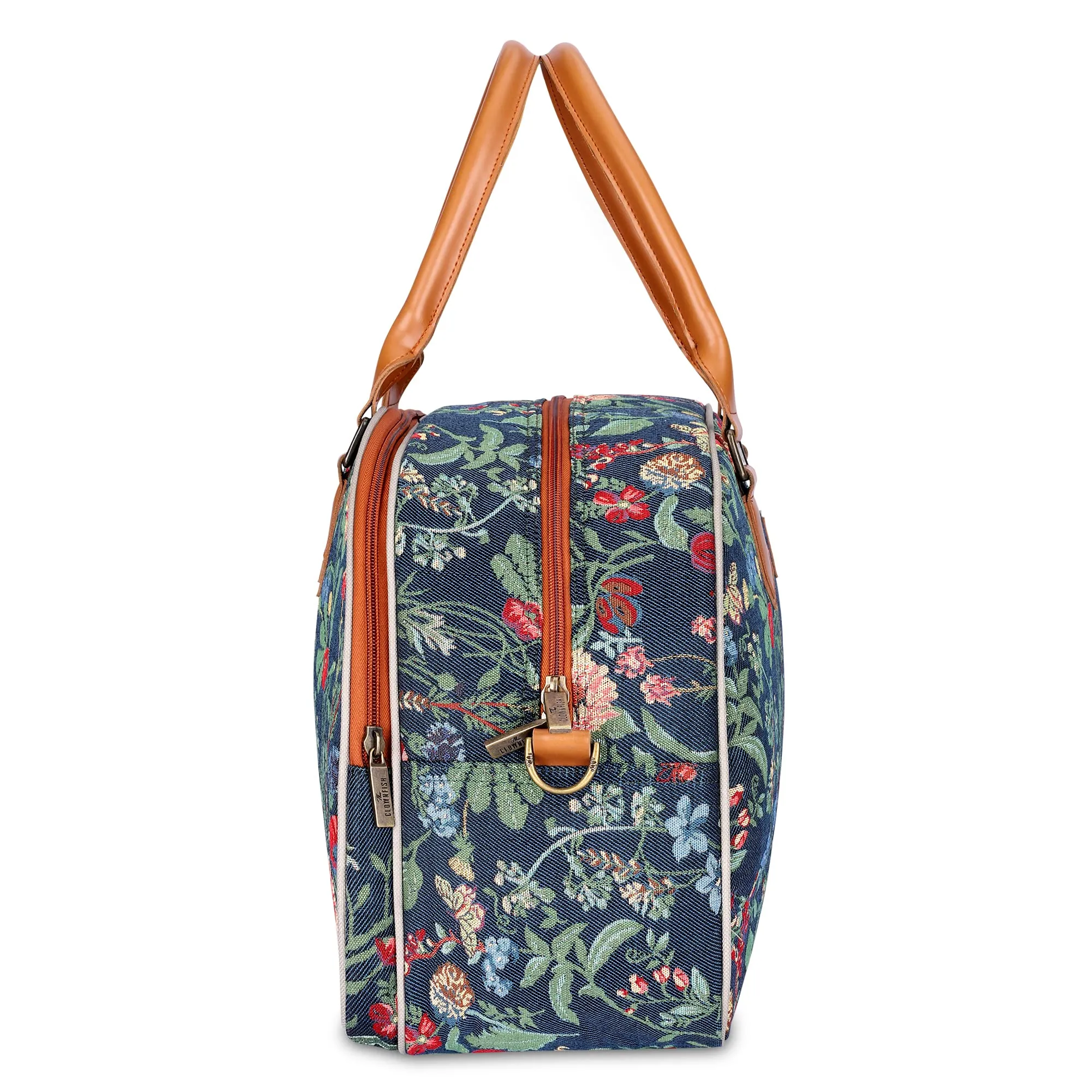 The Clownfish Ziana Series 24 Litres Tapestry & Faux Leather Unisex Travel Duffle Bag Luggage Weekender Bag (Navy Blue-Floral)