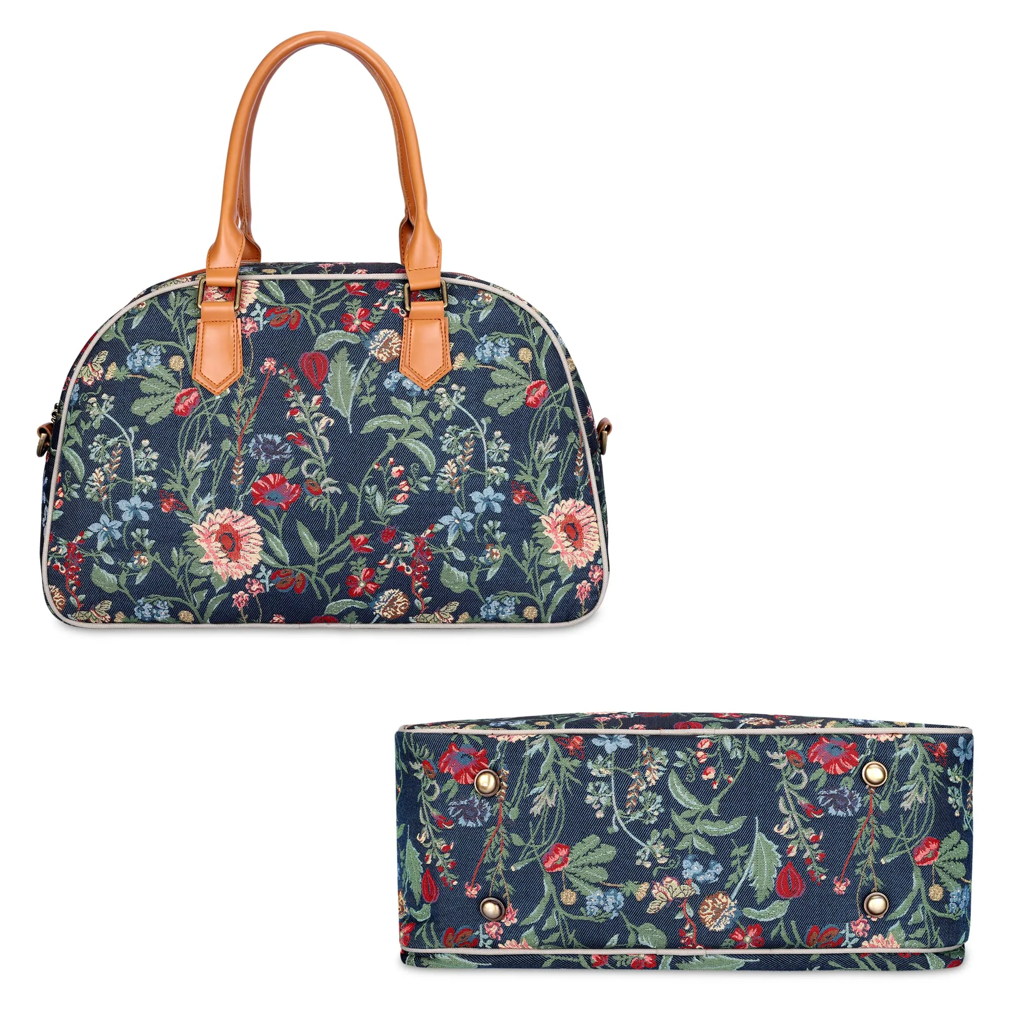 The Clownfish Ziana Series 24 Litres Tapestry & Faux Leather Unisex Travel Duffle Bag Luggage Weekender Bag (Navy Blue-Floral)