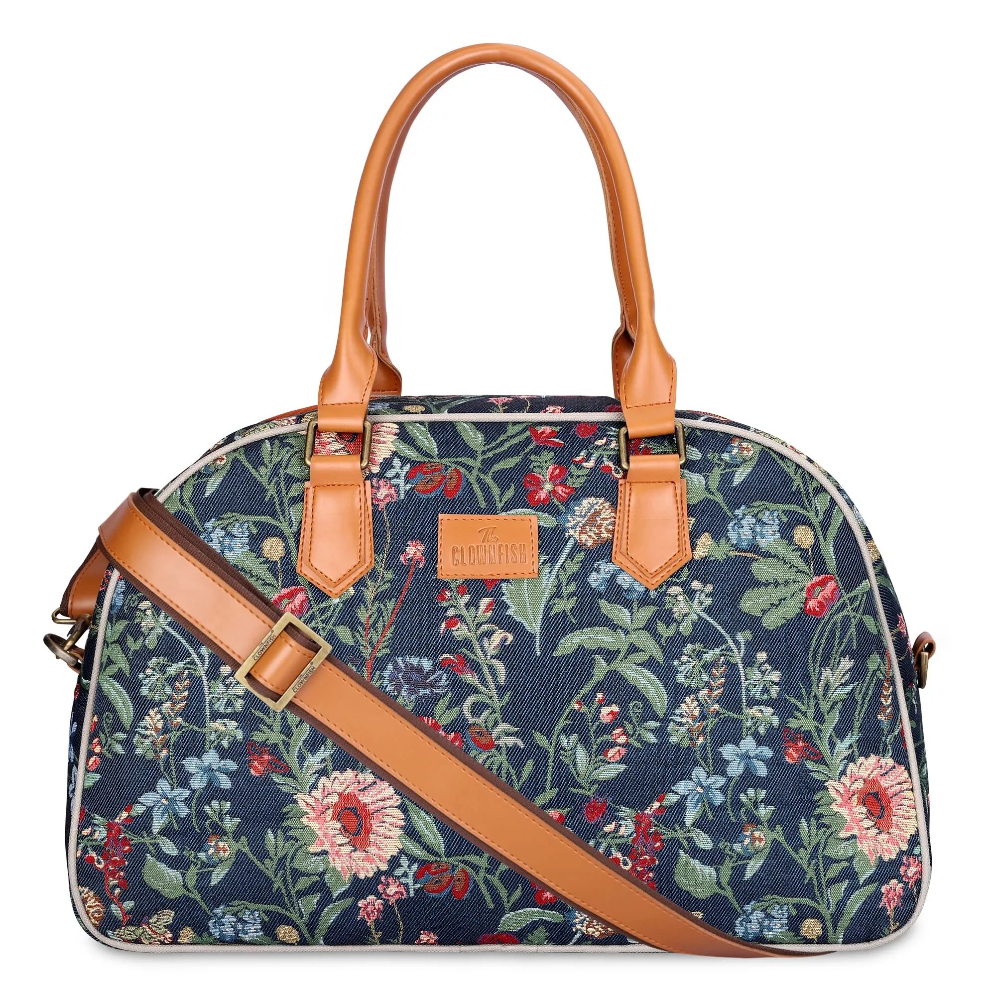 The Clownfish Ziana Series 24 Litres Tapestry & Faux Leather Unisex Travel Duffle Bag Luggage Weekender Bag (Navy Blue-Floral)