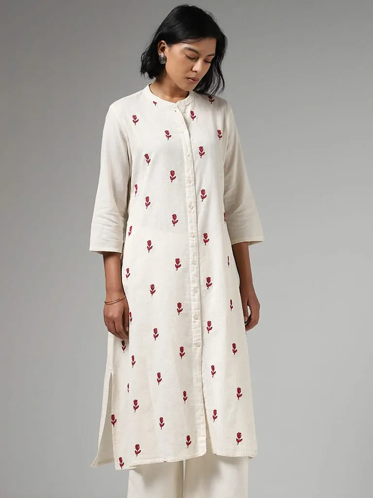 Utsa Floral Embroidered Off White Kurta