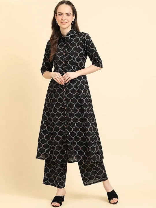 Varanga Women Black Geometrical Printed Shirt Collar Kurta Paired With Tonal Printed Bottom