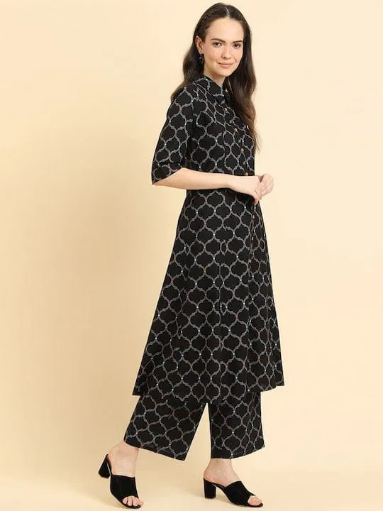 Varanga Women Black Geometrical Printed Shirt Collar Kurta Paired With Tonal Printed Bottom