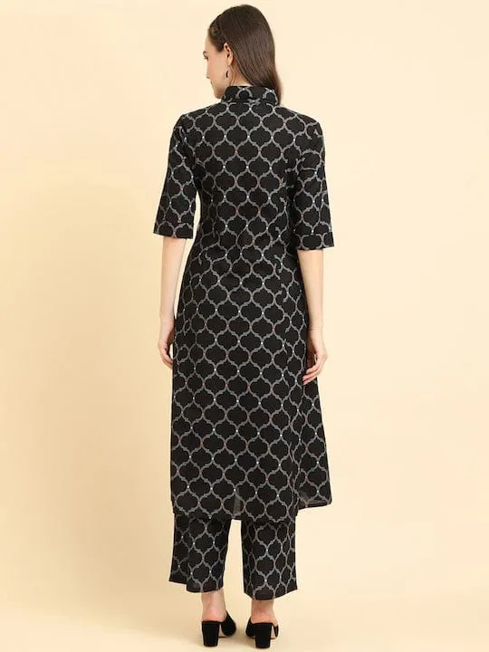 Varanga Women Black Geometrical Printed Shirt Collar Kurta Paired With Tonal Printed Bottom