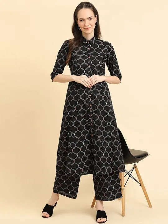 Varanga Women Black Geometrical Printed Shirt Collar Kurta Paired With Tonal Printed Bottom