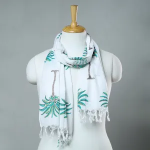 White - Sanganeri Block Printed Cotton Stole with Tassels 103