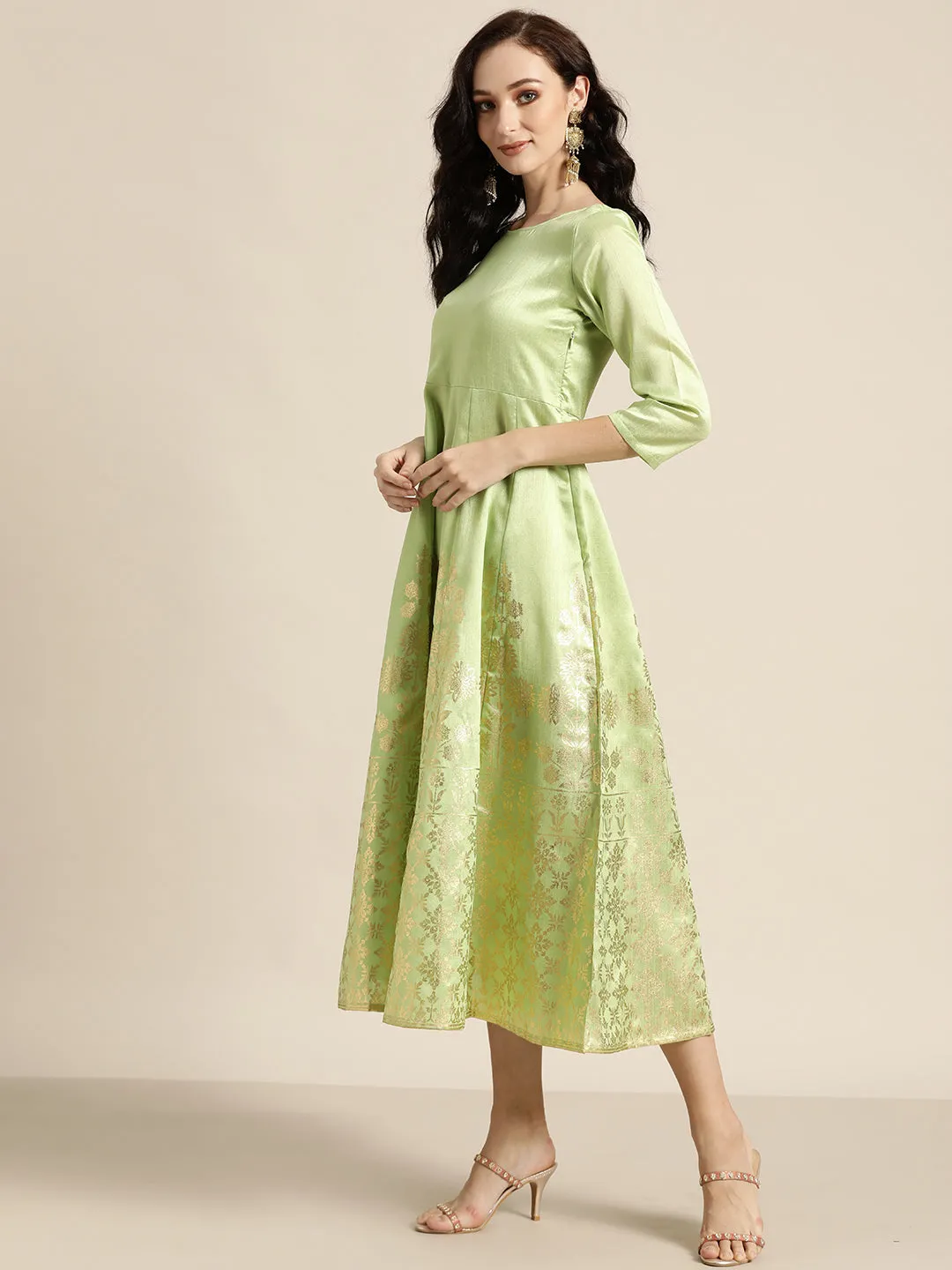 Women Mint Green Foil Print Anarkali Maxi Dress