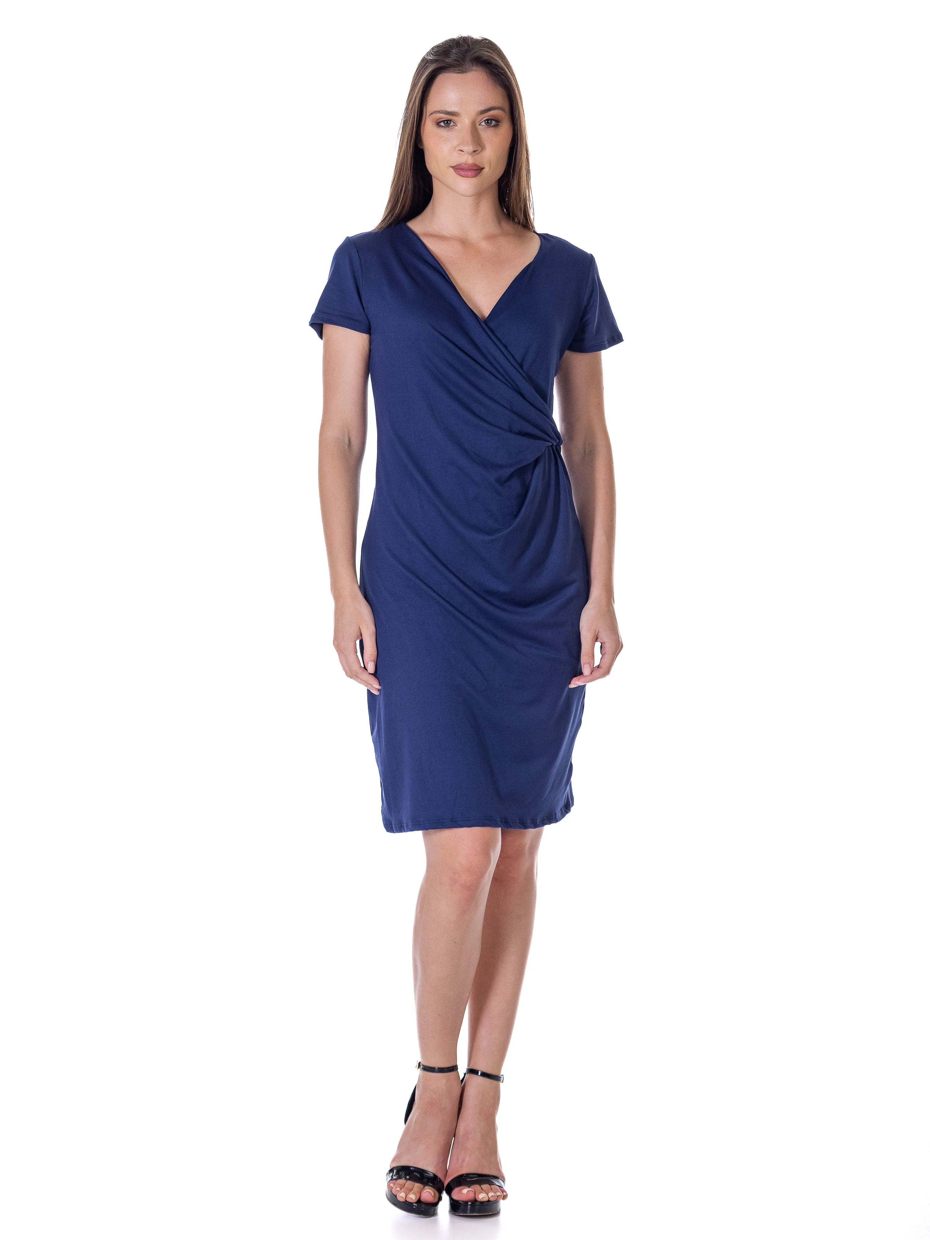 Womens Short Sleeve Knee Length Faux Wrap Dress