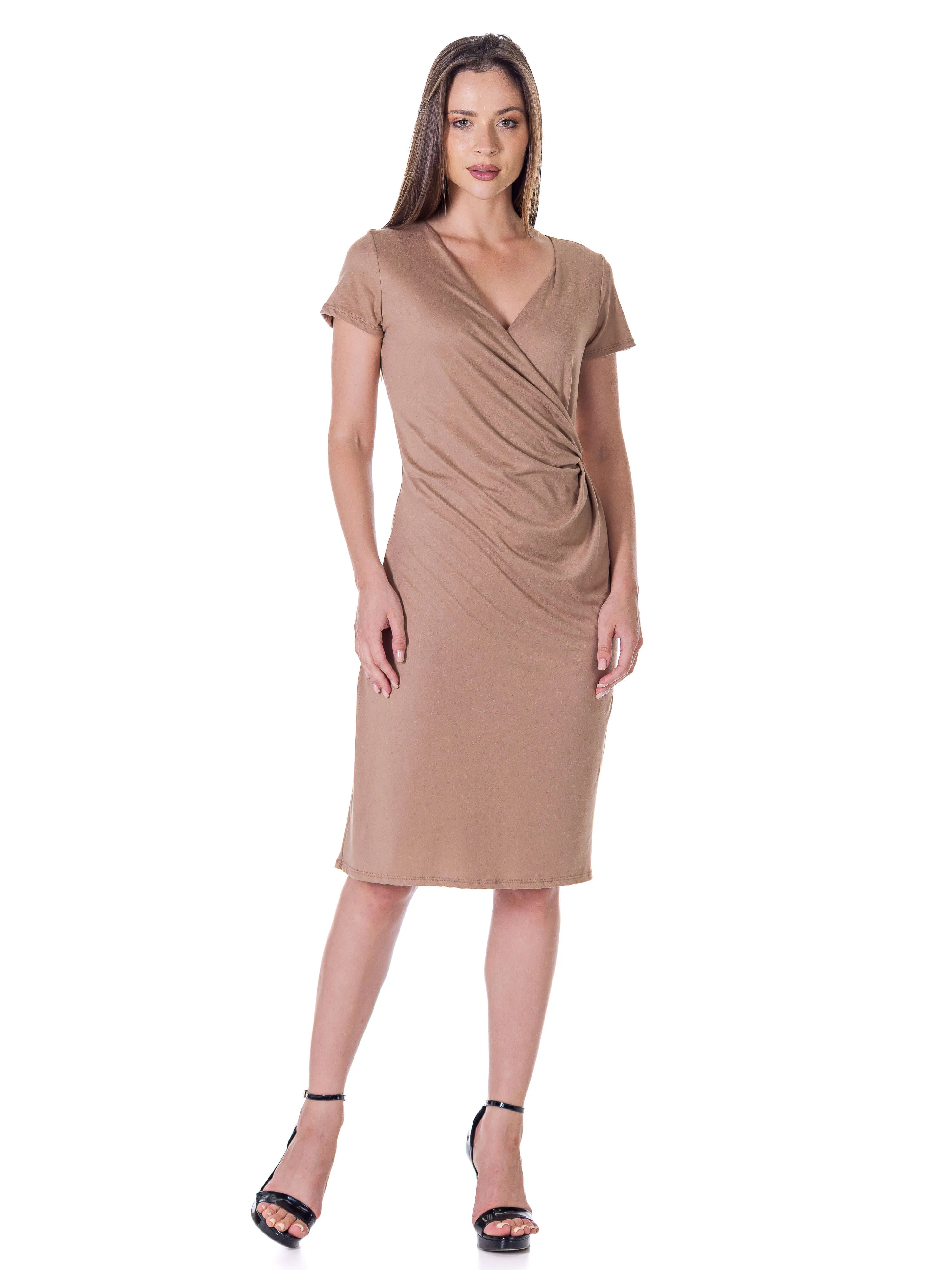 Womens Short Sleeve Knee Length Faux Wrap Dress