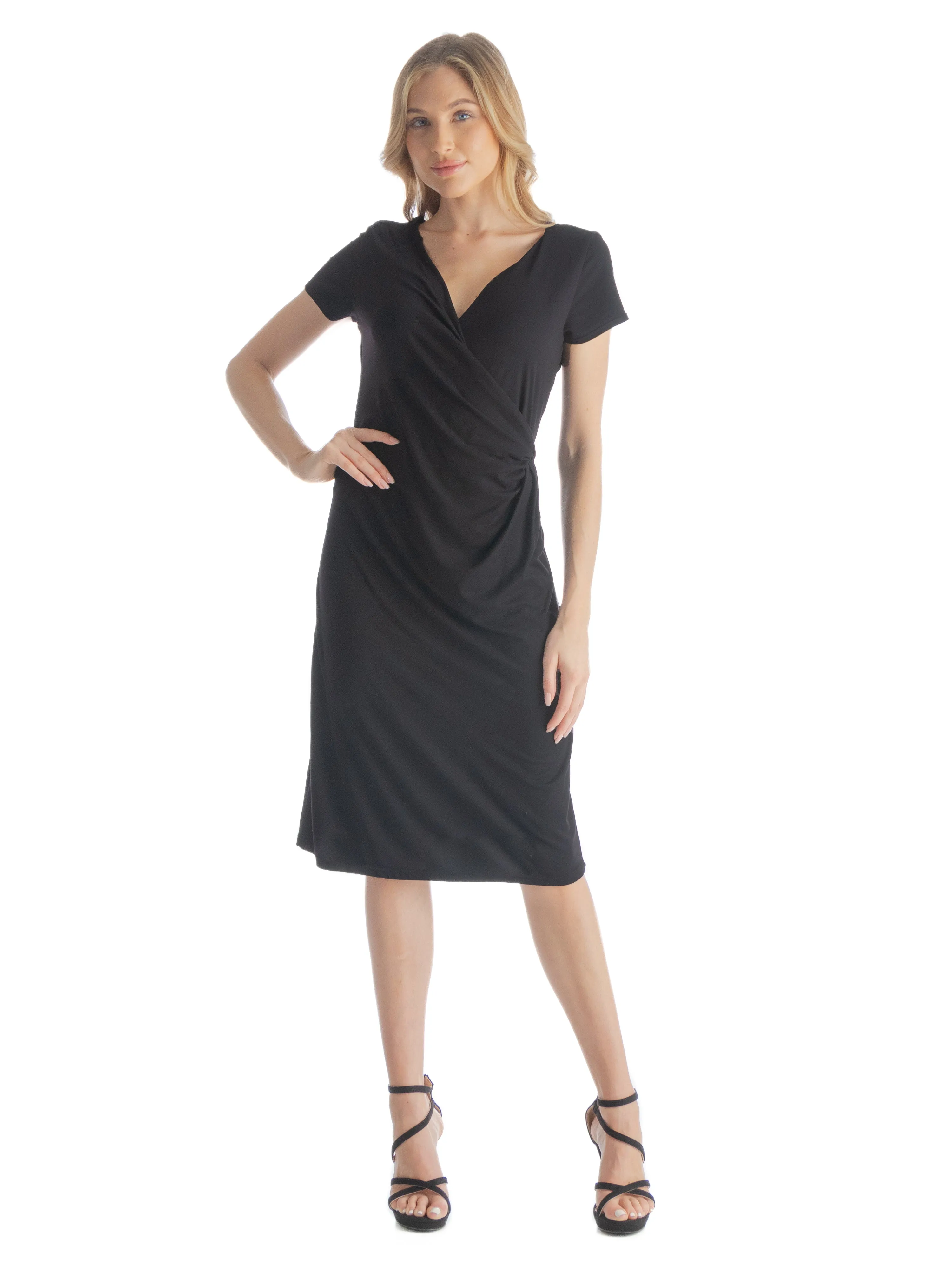 Womens Short Sleeve Knee Length Faux Wrap Dress