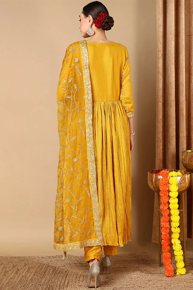 Yellow Silk Blend Embroidered Anarkali Style Suit Set