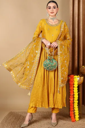 Yellow Silk Blend Embroidered Anarkali Style Suit Set